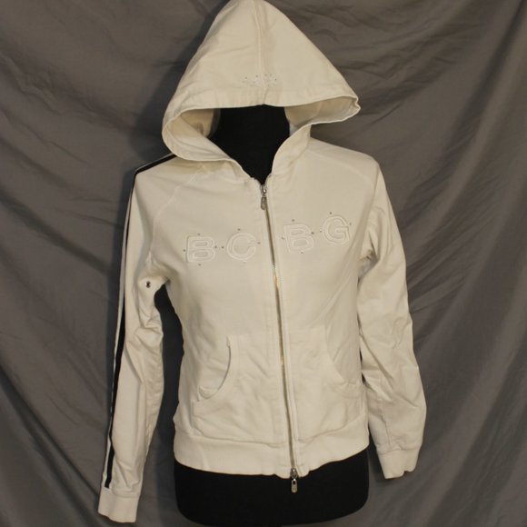 WHITE BCBG HOODIE LONG SLEEVE WITH SEQUINED SWEATSHIRT SMALL ZIPPER CLOSURE - Picture 7 of 10